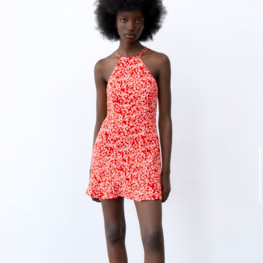 Mini Zara red and white cross back ruffle end dress